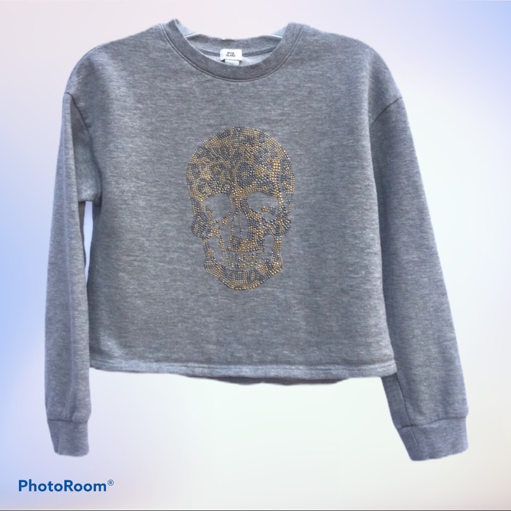 River Island Girls Sweatshirt Grey 9/10 yrs Bedazzled Embellished Skull Crop Top